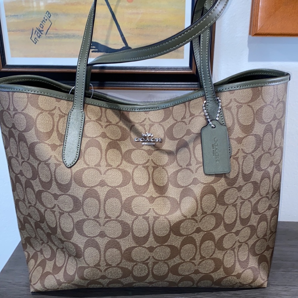 Coach Brown Signature Canvas Tote with Green Trim
